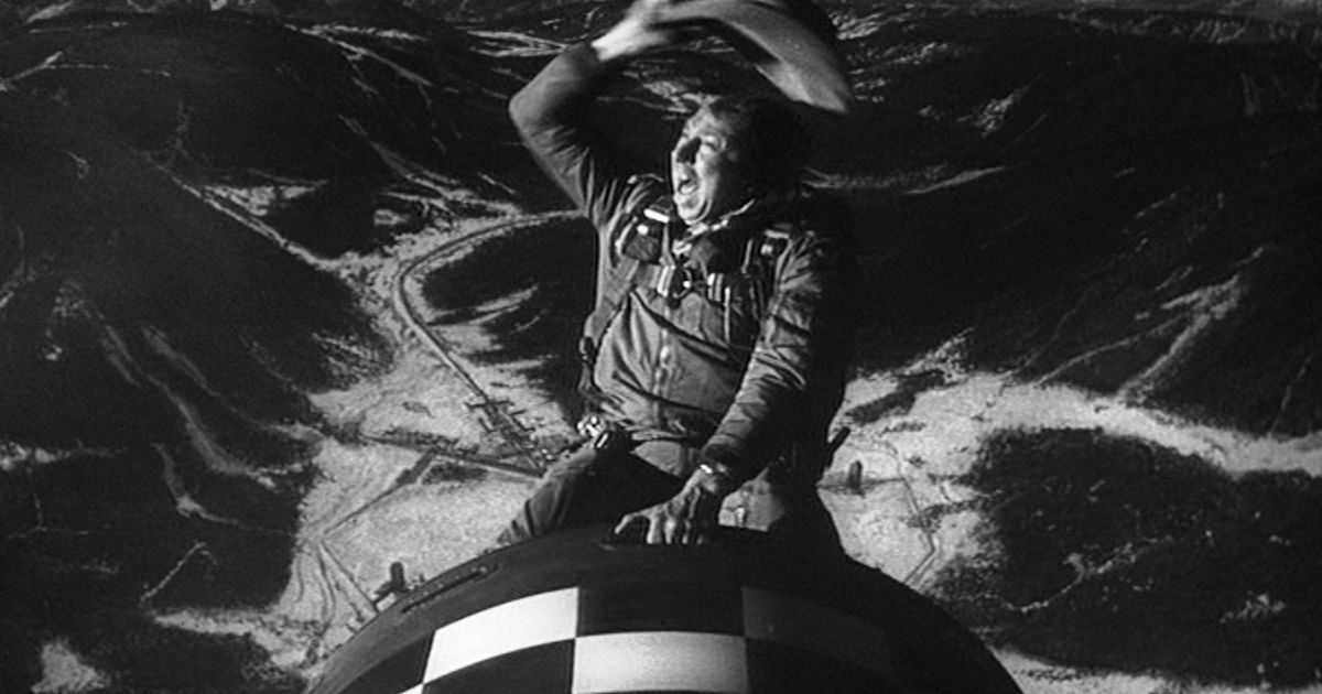 Riding a nuclear bomb in Dr. Strangelove from Stanley Kubrick movie