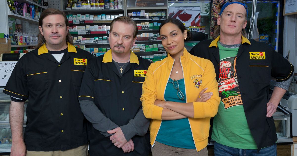 Rosario Dawson as Becky Scott with Dante and Randall in Clerks 3