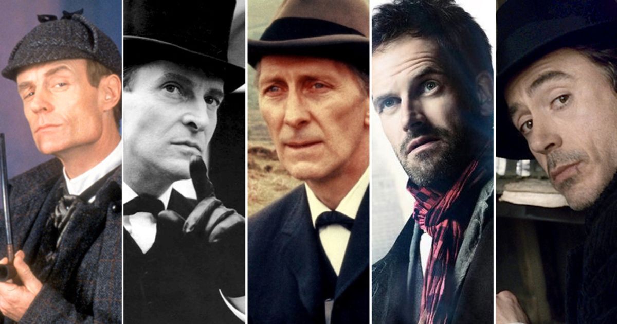 Sherlock Holmes actors including Peter Cushing, Johnny Lee Miller, and Robert Downey Jr.