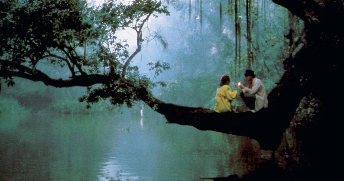 A boy and girl sitting on a tree in Shy People (1987)