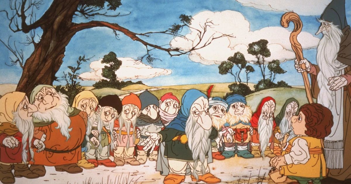 Bilbo, Gandalf and the Dwarven Company in The Hobbit 1977