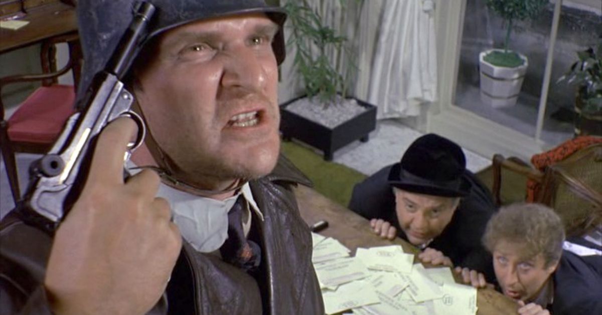 Zero Mostel Gene Wilder hide from the Nazi in The Producers