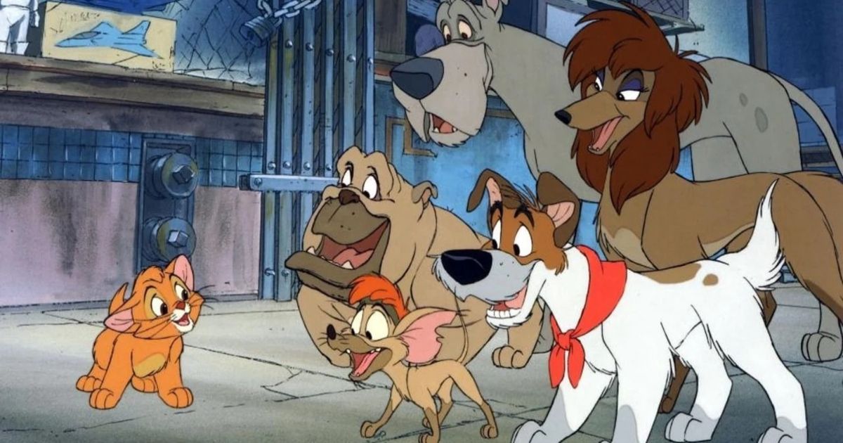 Oliver from Oliver and company talks with a group of dogs who also escaped from the pound.