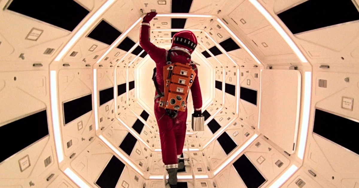 A single astronaut in 2001 A Space Odyssey in the tunnel of a ship