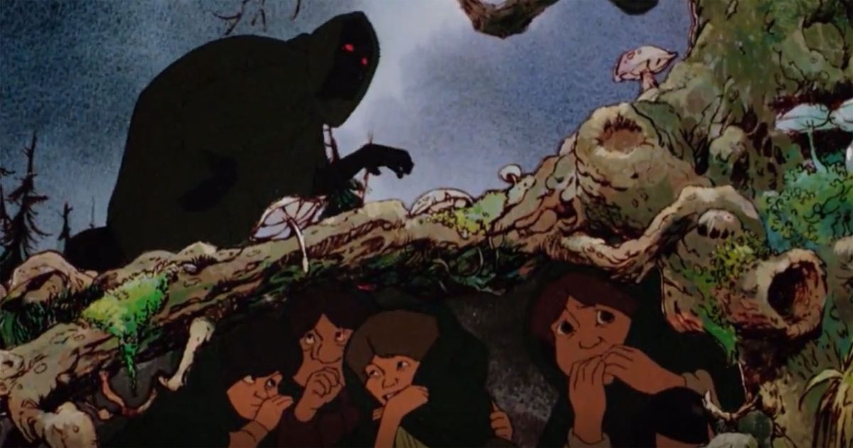The hobbits hide from a Nazgul in Ralph Bakshi's The Lord of the Rings