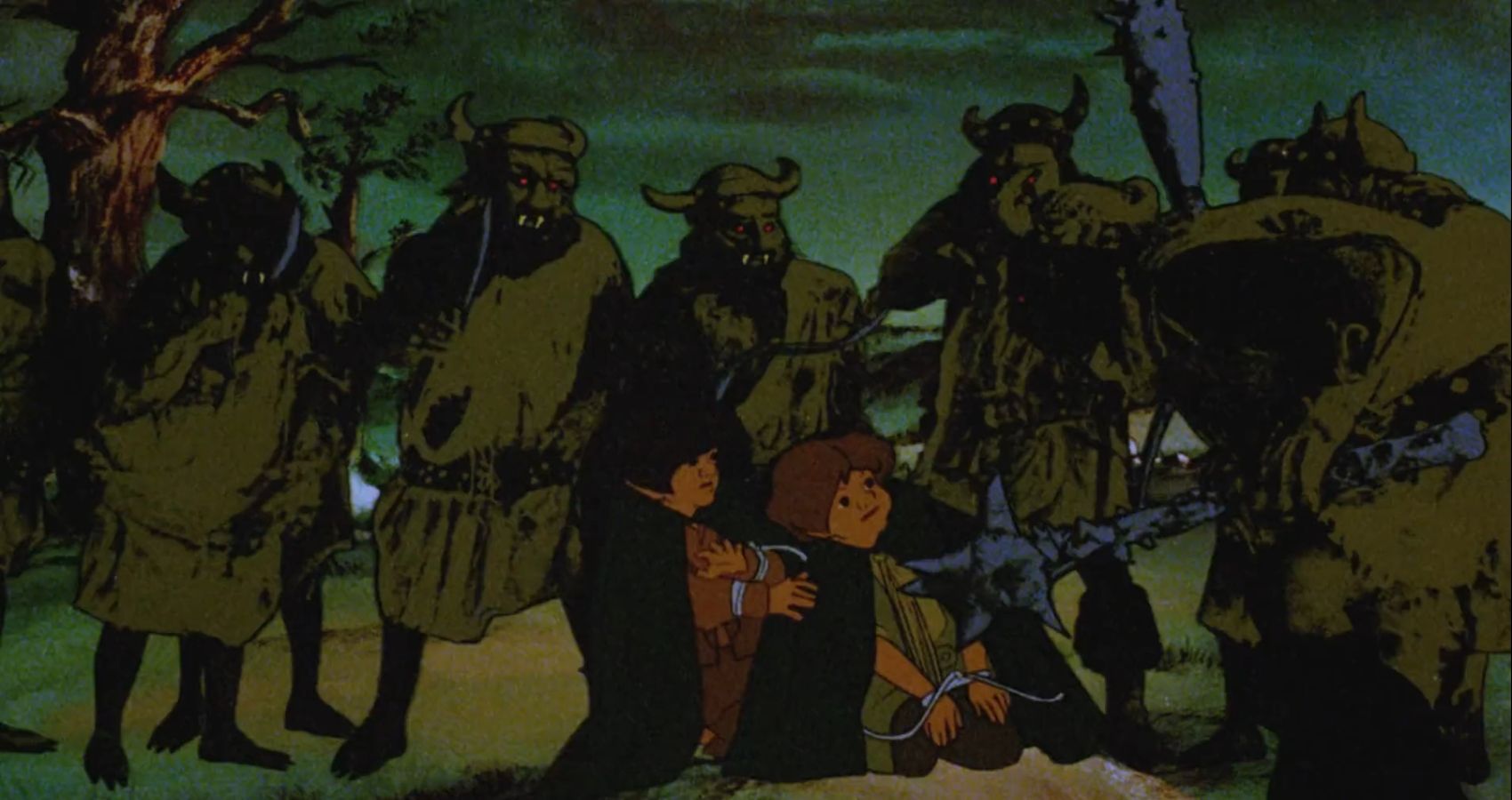 Pippin and Merry are kidnapped by orcs in Ralph Bakshi's The Lord of the Rings