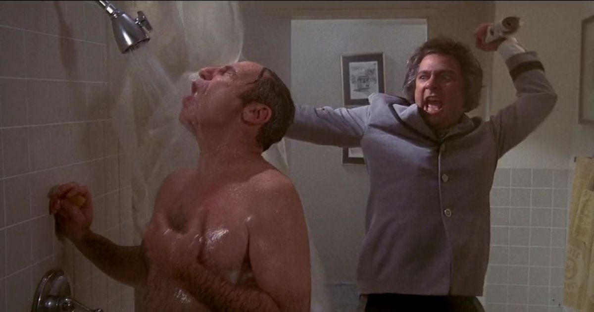 Mel Brooks in shower with Barry Levinson about to attack