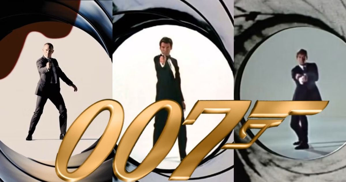 James Bond movie box office poster showing Bond holding a gun pointed at the camera. 