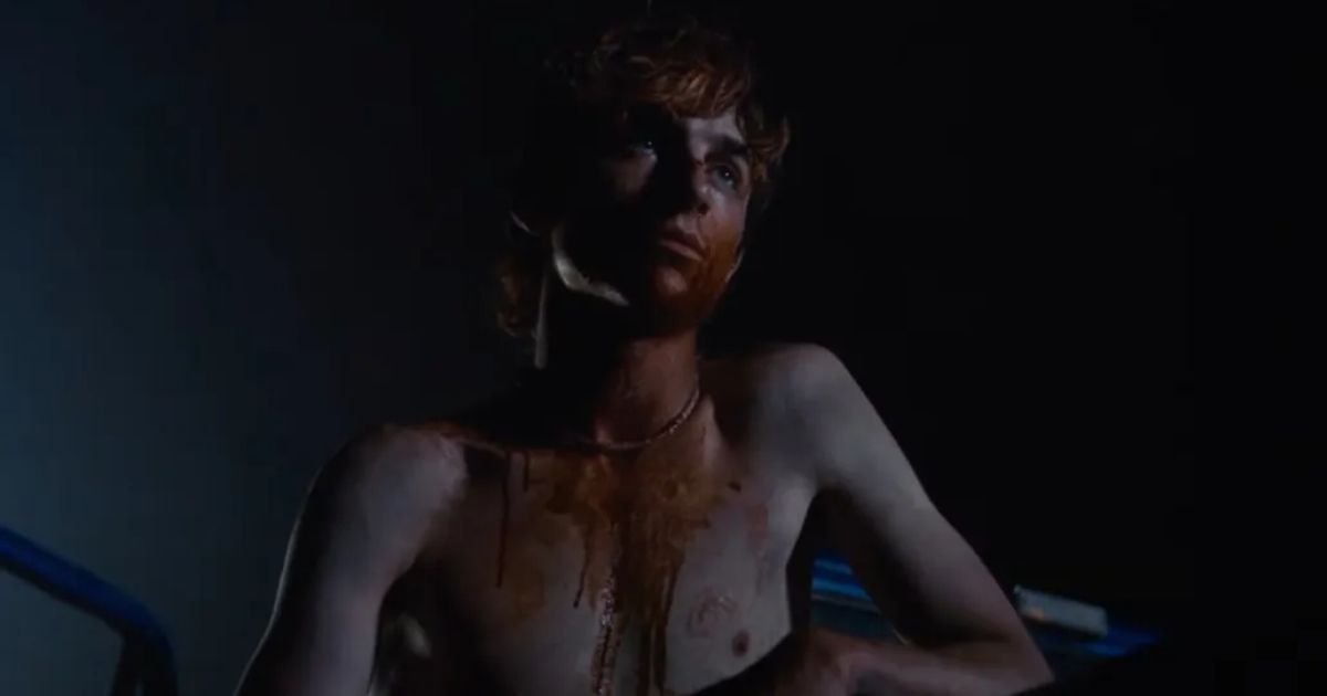 Timothee Chalamet shirtless with blood in Bones and All