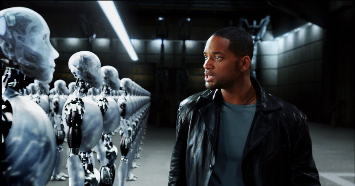 Will Smith and a line of identical robots in I, Robot