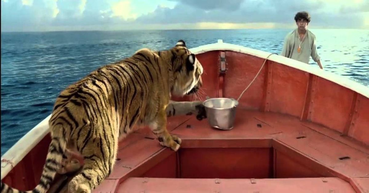 Pi stranded in the middle of the ocean with the tiger, Richard Parker
