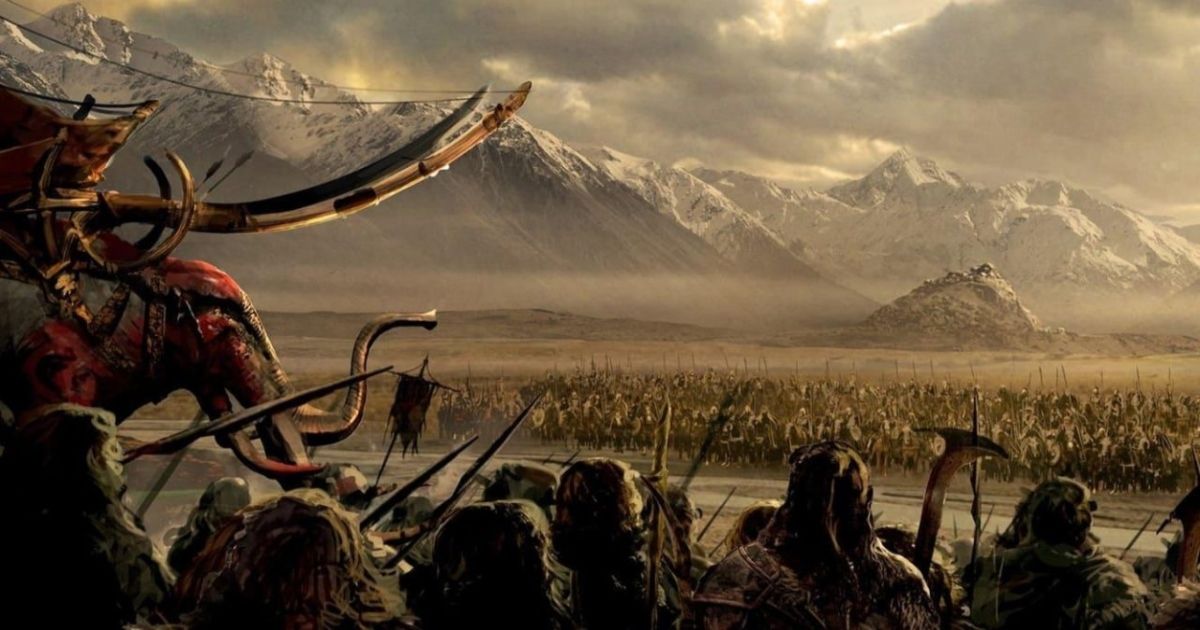 Concept art for The Lord of the Rings: War of the Rohirrim showing a battle brewing in the Fields of Rohan