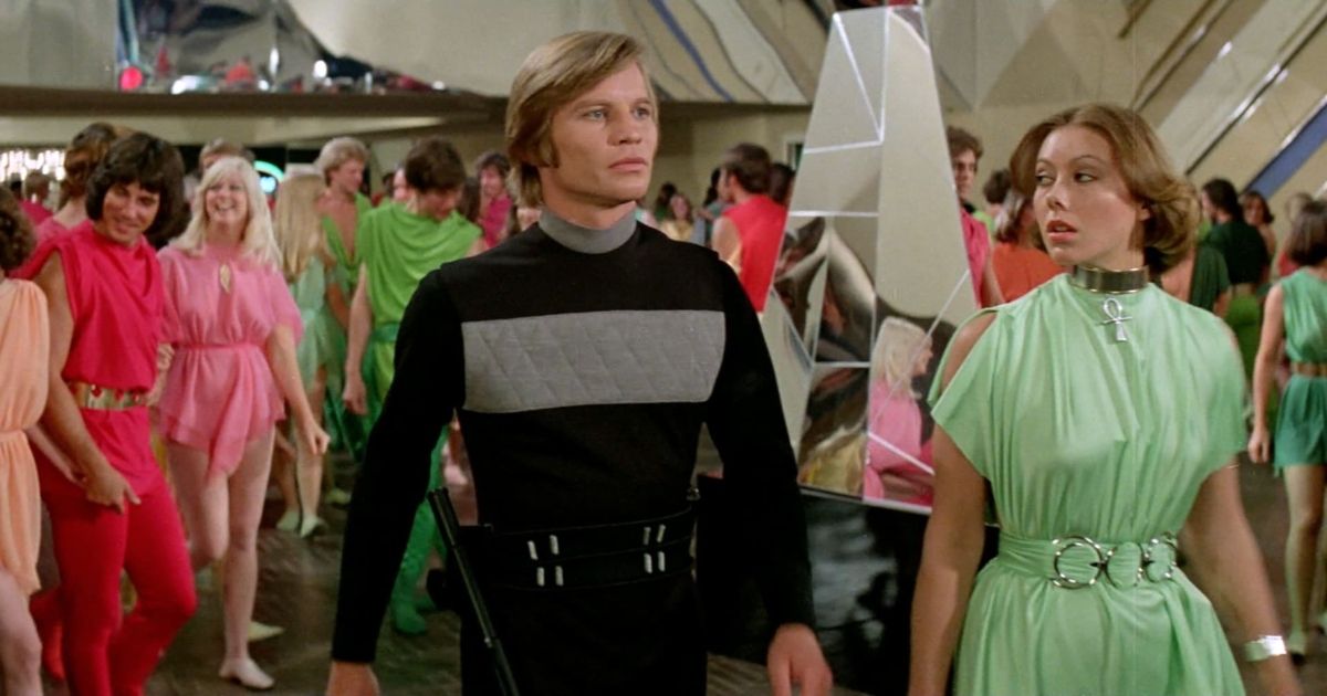 Characters stand together in their fashion in Logan's Run 1976