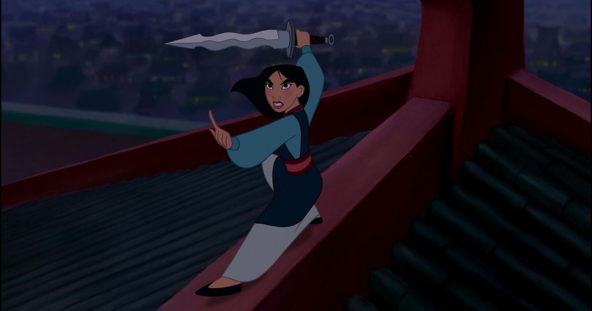 Mulan with a sword ready to fight in the animated Mulan
