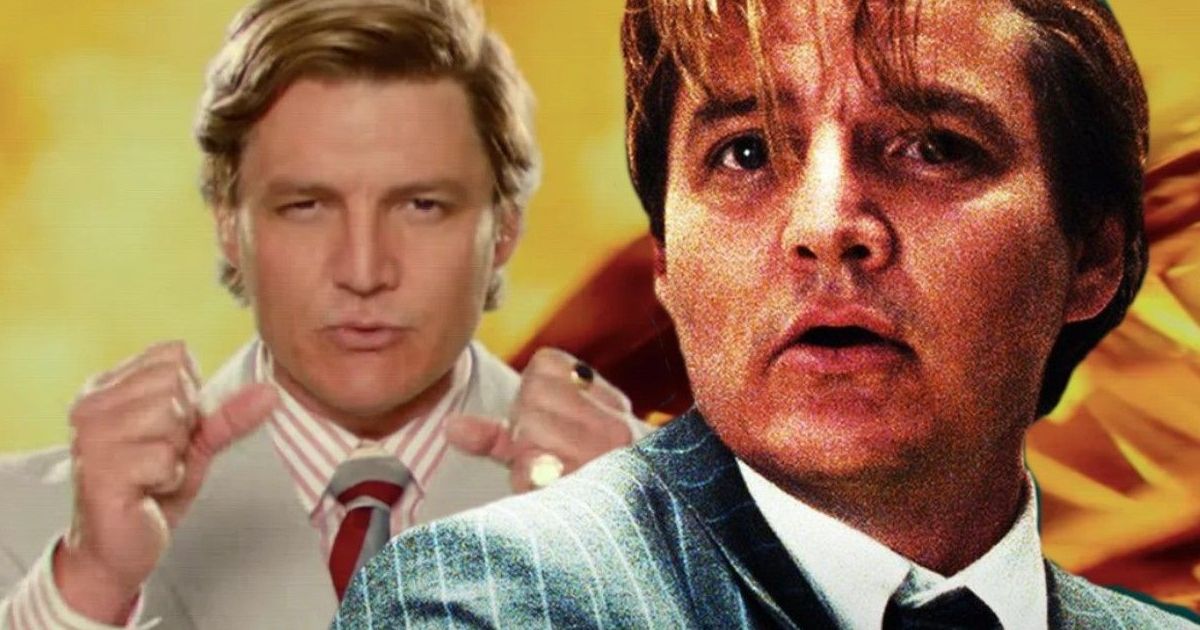 Pedro Pascal as Maxwell Lord in Wonder Woman 1984, wearing nice suits and rings, with his character on the left appearing confident, and on the right looking scared of something off-screen.