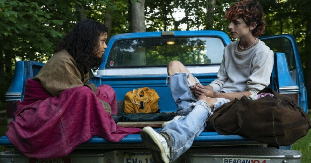 Timothée Chalamet and Taylor Russell in a truck in Guadagnino movie Bones and All