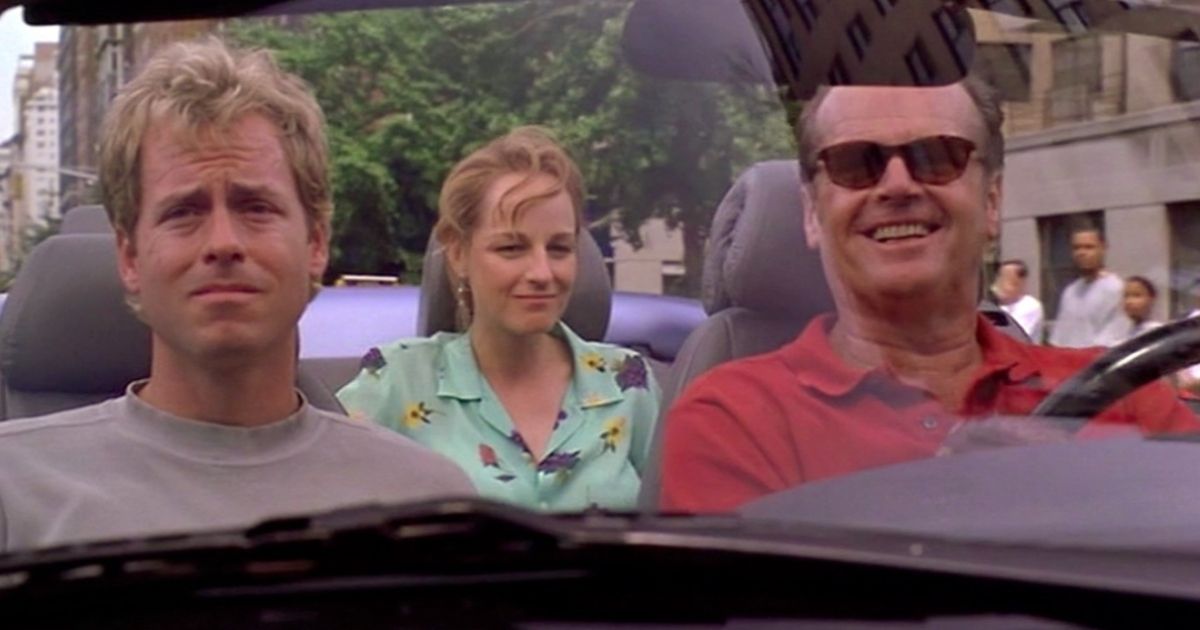 Greg Kinnear, Helen Hunt and Jack Nicholson in a car in As Good as it Gets