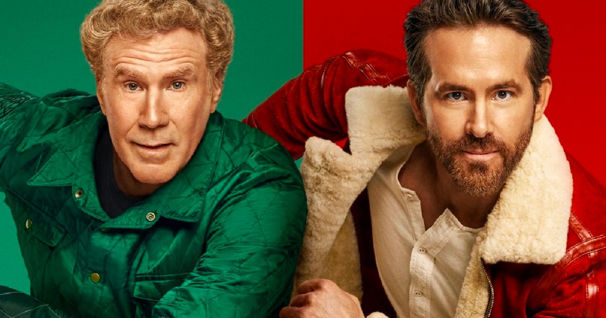 Spirited com Ryan Reynolds como Clint Briggs em um grande casaco vermelho, e Will Ferrell como presente em uma roupa verde