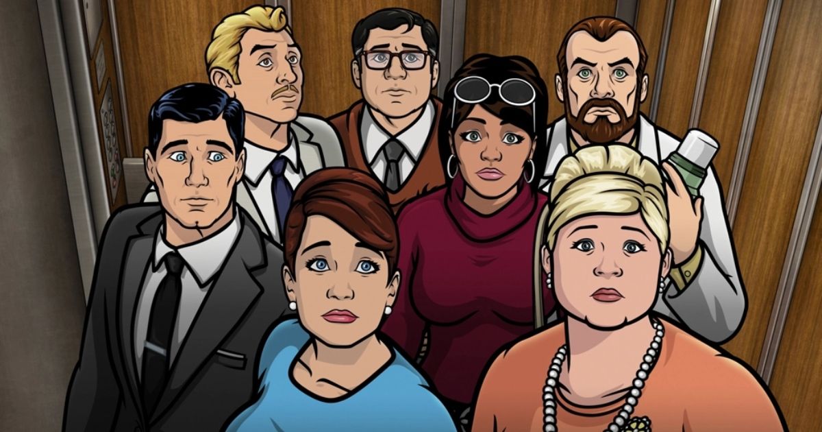 The main characters of Archer stare outside an elevator in Archer