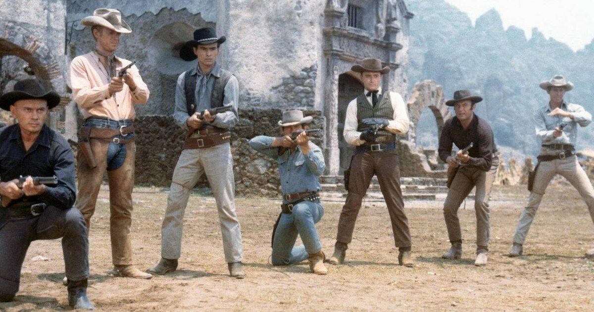 Sete cowboys prontos para filmar em The Magnificent Seven