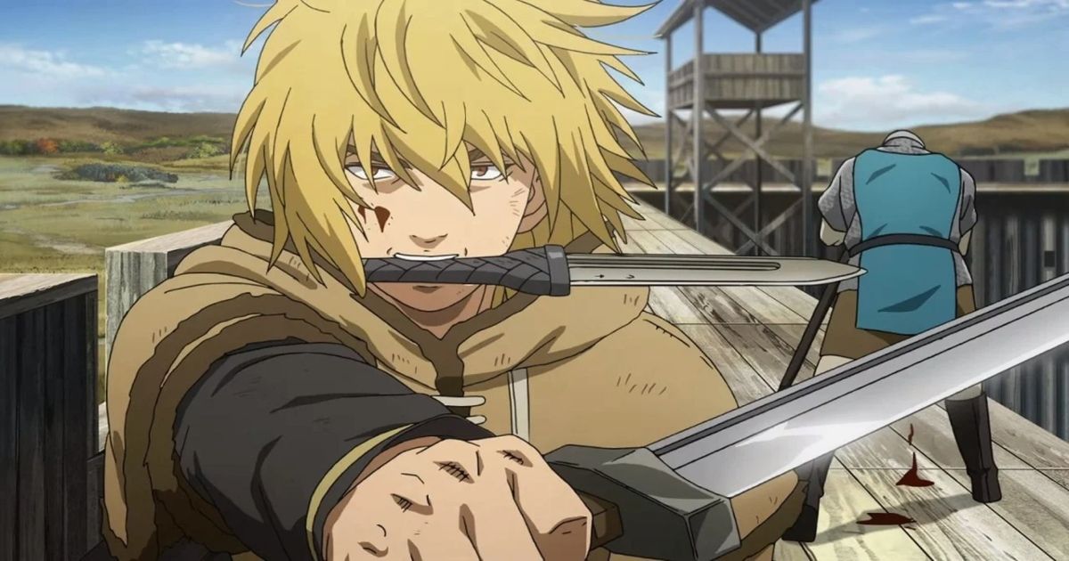 A yellow-haird anime character wields a blade in his right hand and holds another between his teeth