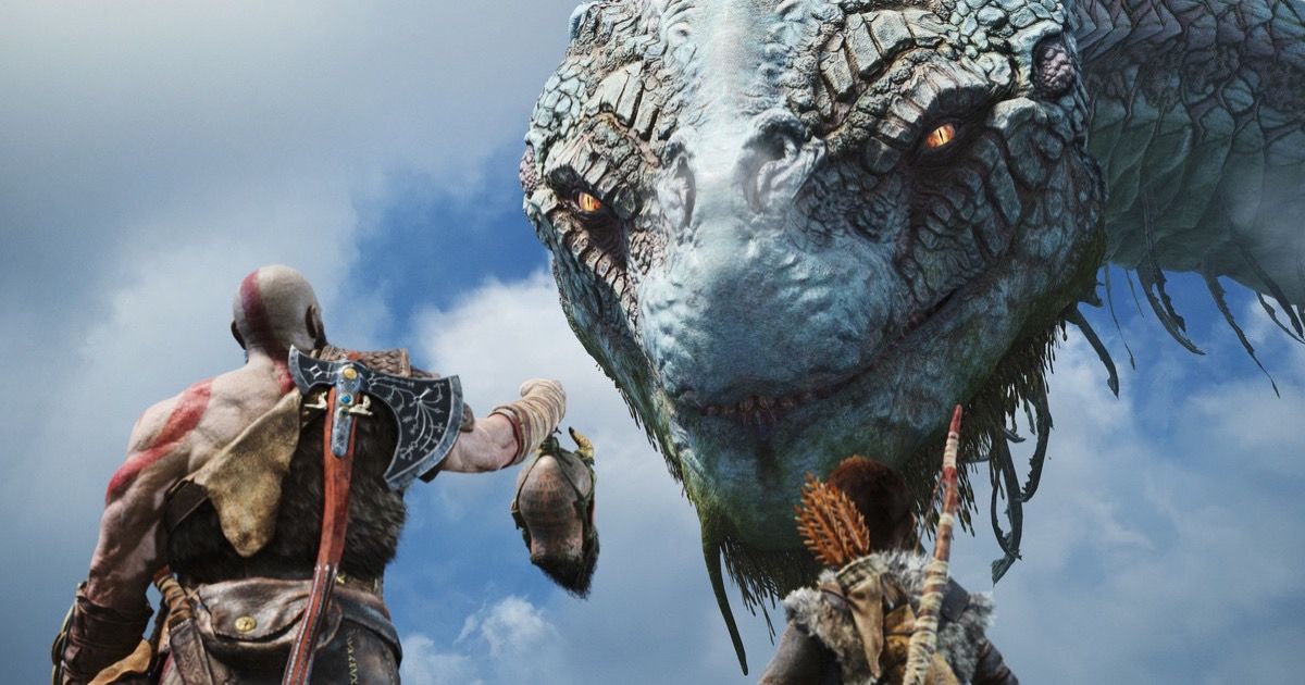God of War 2018: Kratos holds up a severed head to the world serpent.