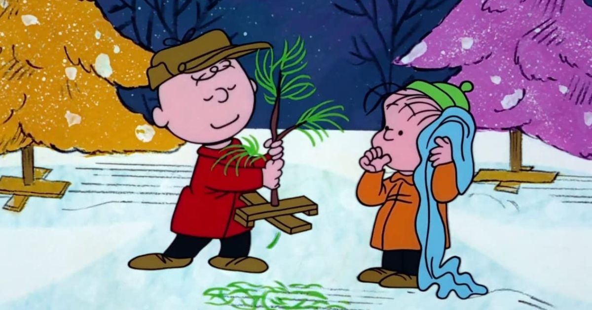 Charlie Brown picks up a real Christmas sapling