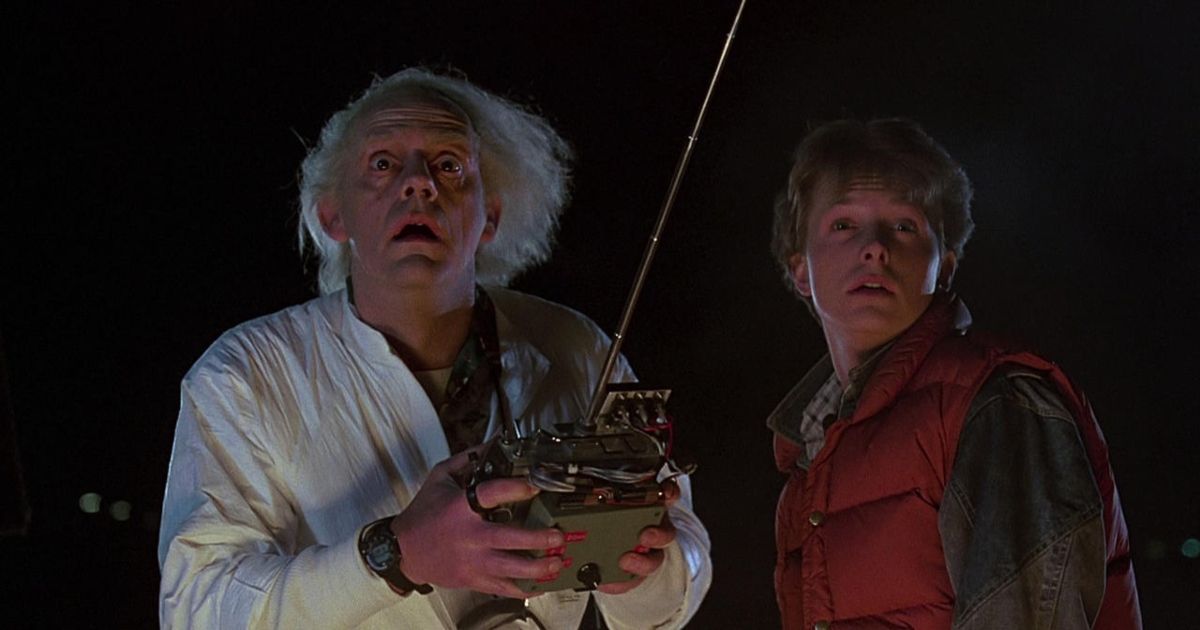 Michael J. Fox as Marty McFly and Christopher Lloyd as Emmett Brown in Back to the Future