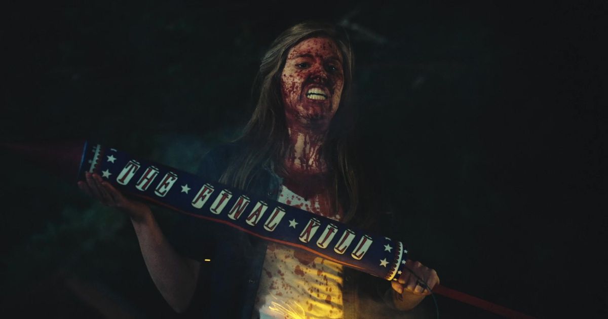 Bloody woman with the final kill in the horror movie Scare Package 2 Rad Chad's Revenge on Shudder
