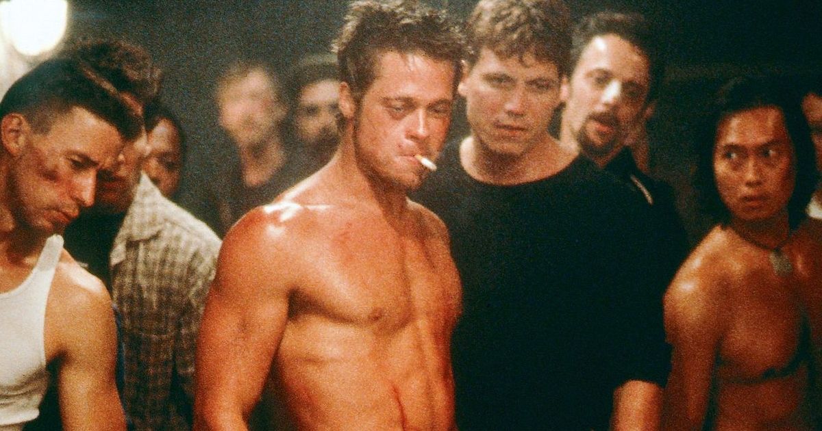 Fight Club cast with Brad Pitt shirtless and bloody