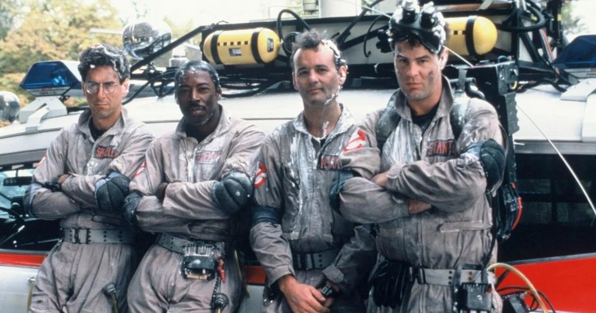 The Ghostbusters team in their gear in Ghostbusters.