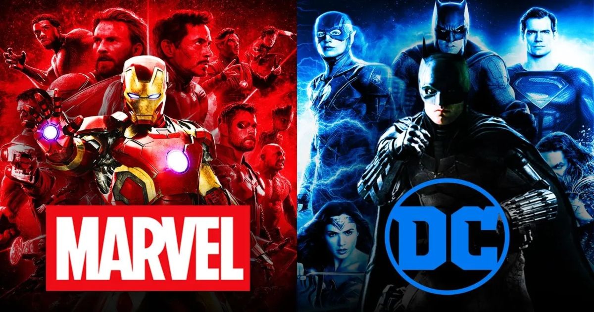 Marvel vs DC compilation images of superheroes led by Iron Man and Batman