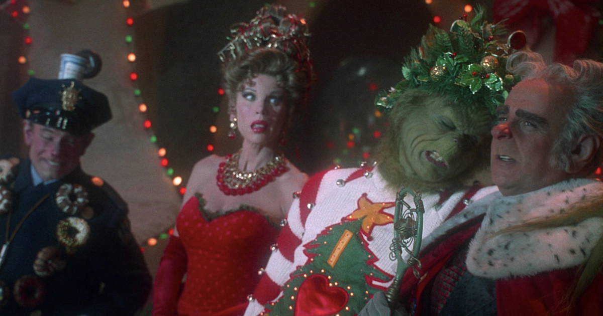 Jim Meskimen as Officer Wholihan, Christine Baranski as Martha May Whovier, Jim Carrey as The Grinch, & Jeffrey Tambor as Mayor Augustus Maywho in How the Grinch Stole Christmas