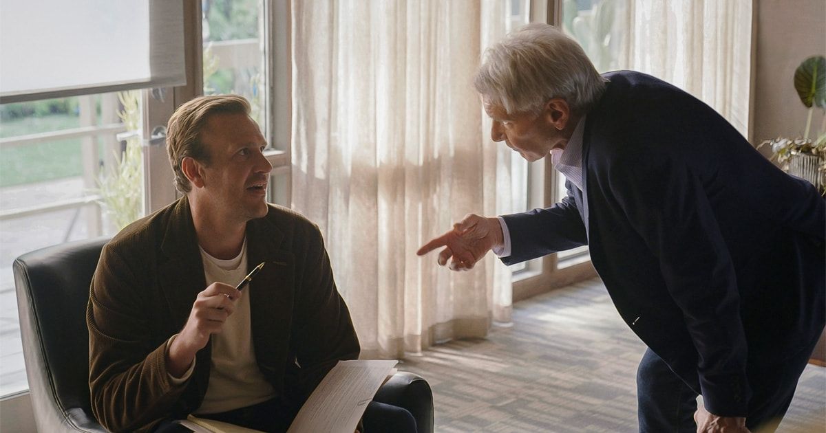 Jason Segel (left, sitting) and Harrison Ford (right, standing) in AppleTV+'s Shrinking series. (2023)