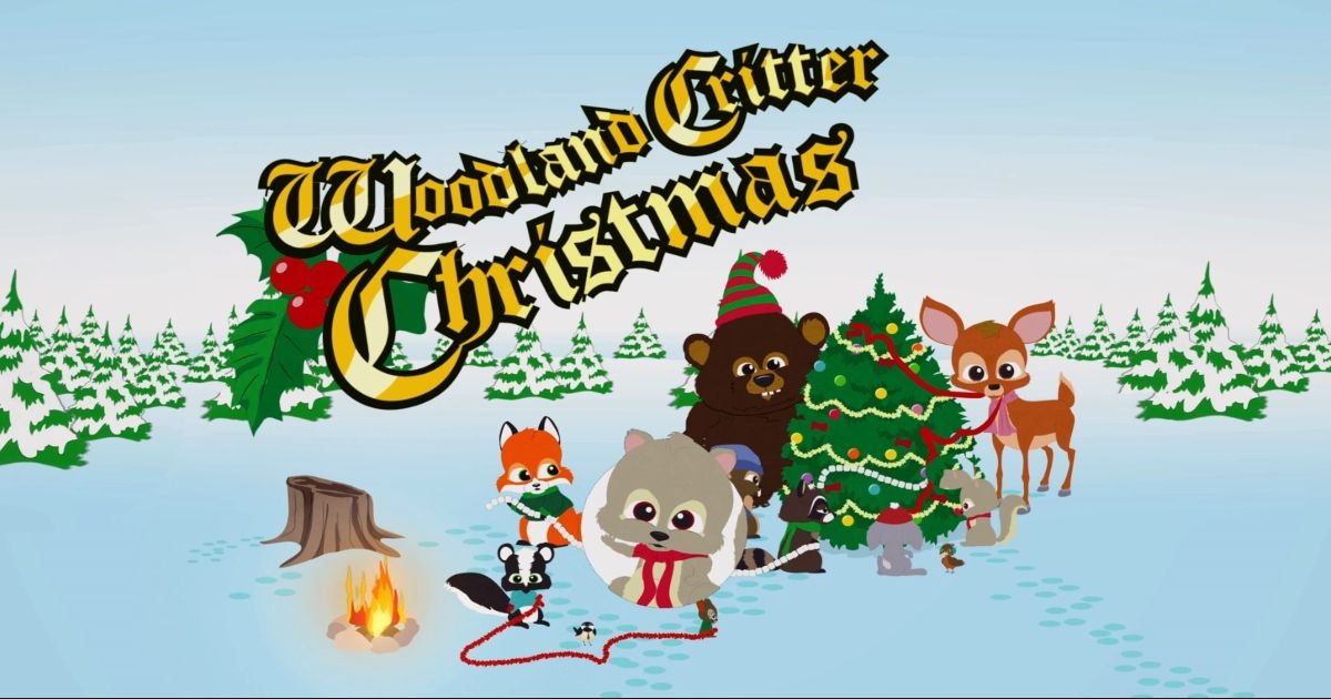 Woodland Critter Logo with the woodland critters standing in the snow together.
