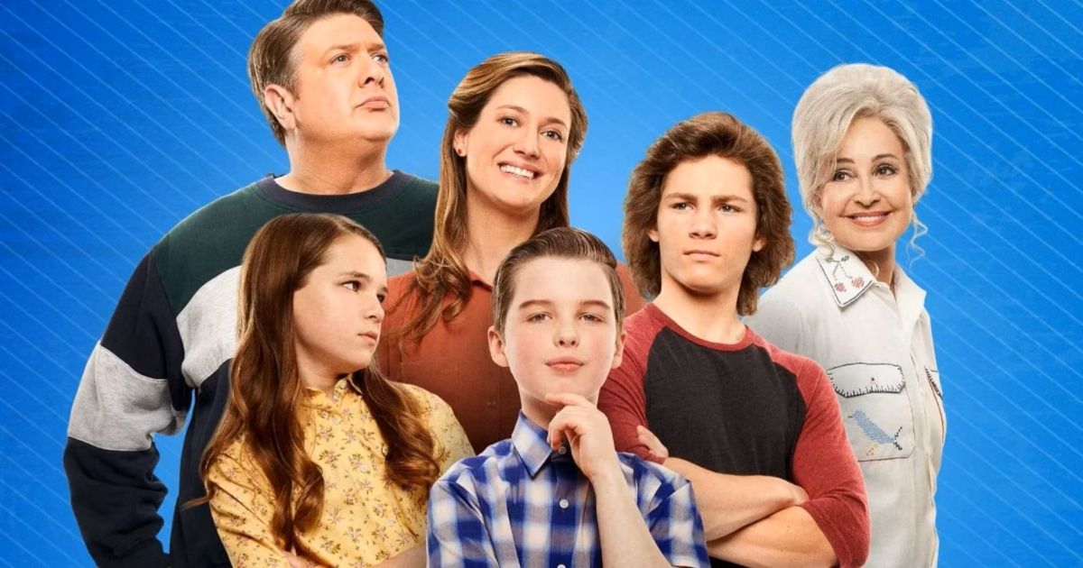 The cast of Young Sheldon, including Mary, George, Georgie, Missy, Meemaw, and Sheldon in a promotional poster.