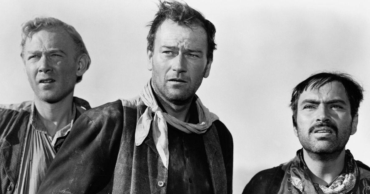 Harry Carey Jr., John Wayne, and Pedro Armendariz play outlaws in 3 Godfathers.