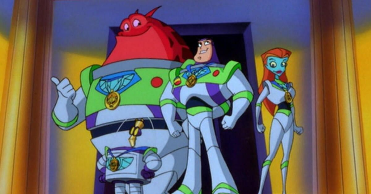Buzz Lightyear standing with a team of astronauts