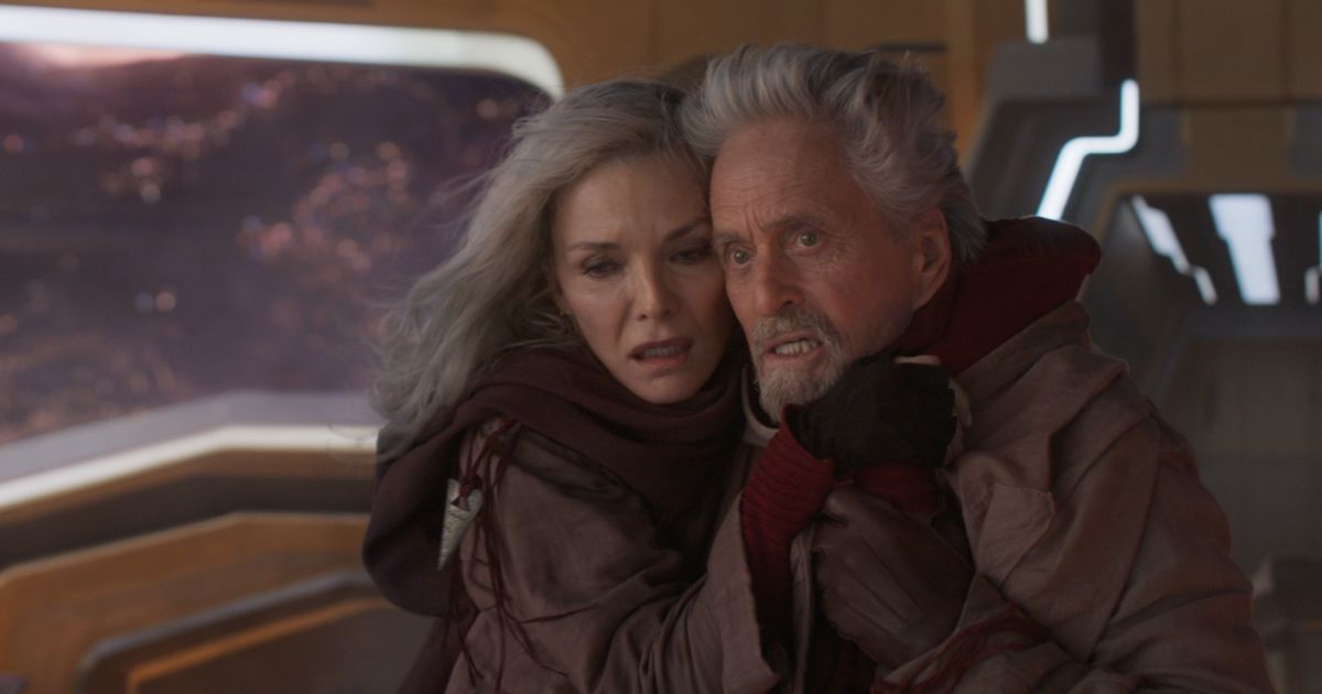 Michelle Pfeiffer as Janet van Dyne and Michael Douglas as Hank Pym in Ant-Man movie