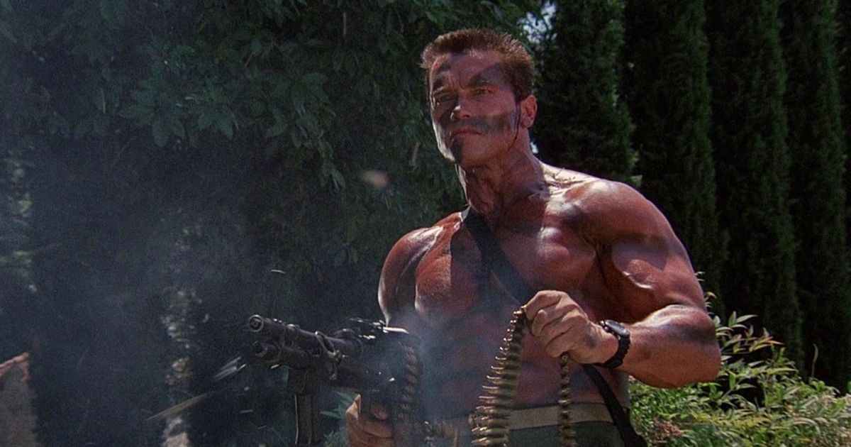 Commando ending with Arnold Schwarzenegger as John Matrix with heavy machine gun on island