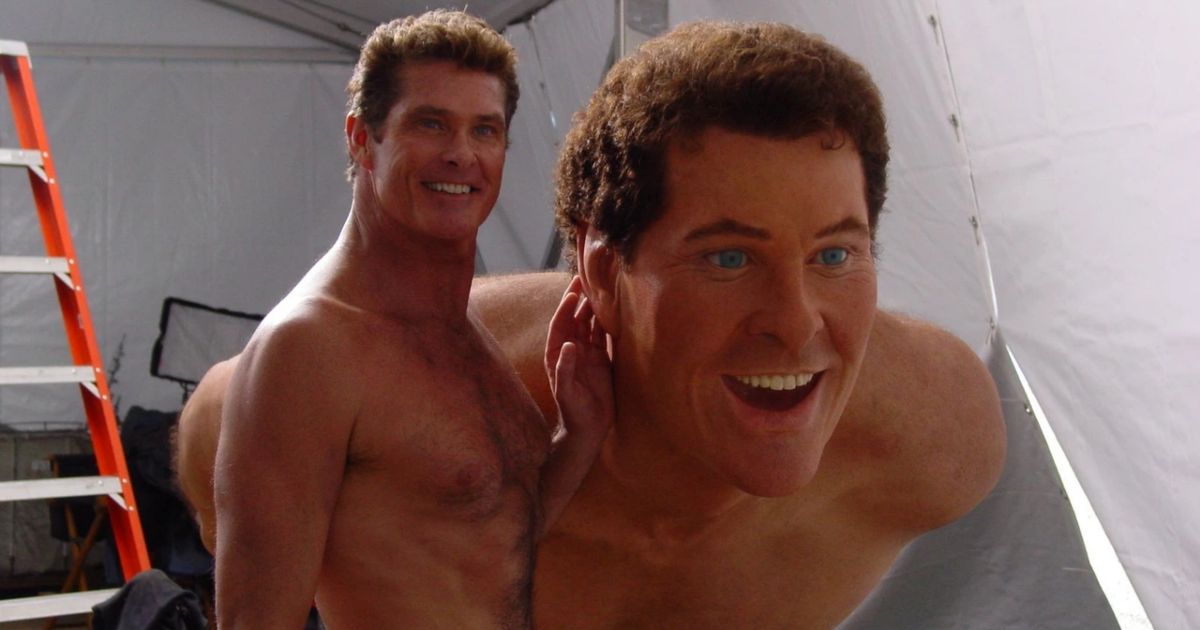 David Hasselhoff with a giant prop of himself in a behind the scenes featurette for SpongeBob SquarePants Movie