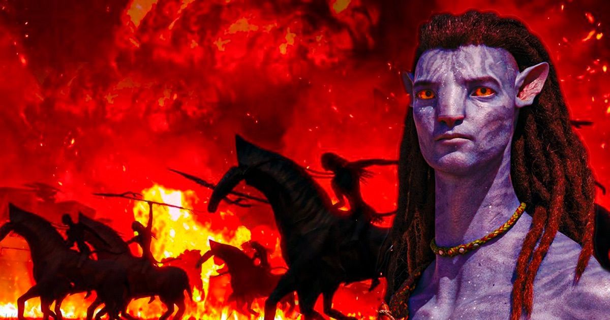 A fiery background with a na'vi from the Avatar franchise