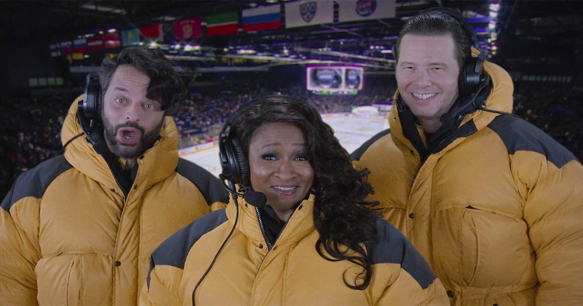 Nick Kroll, Wanda Sykes, and Ike Barinholtz as ice skating commentators in "History of the World, Part II"
