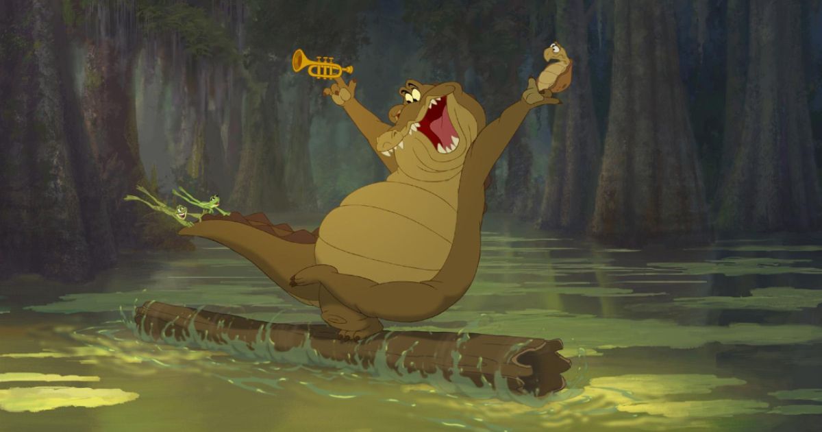 Louis, Tiana, and Naveen dancing on a swamp in The Princess and the Frog