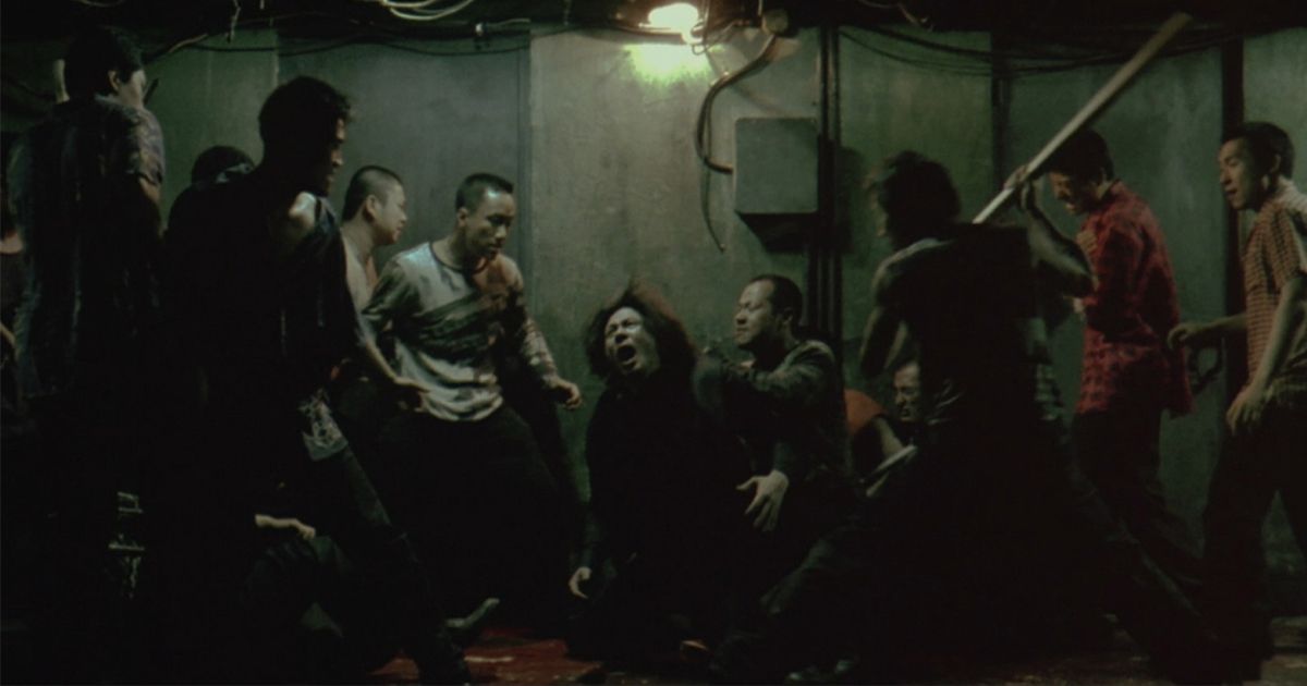 A fight scene in the hallway in Oldboy