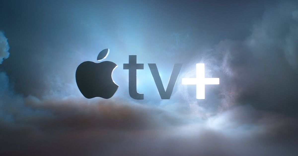 Apple TV logo with clouds in the background.
