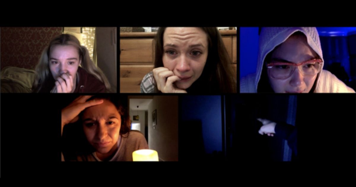 A group of friends all on a video call together, all of them looking distressed