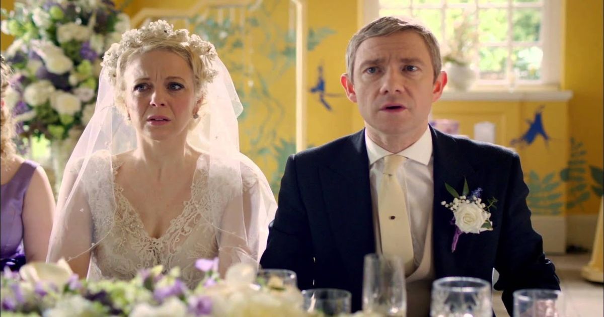 Amanda Abbington as Mary and Martin Freeman as John in a scene from Sherlock