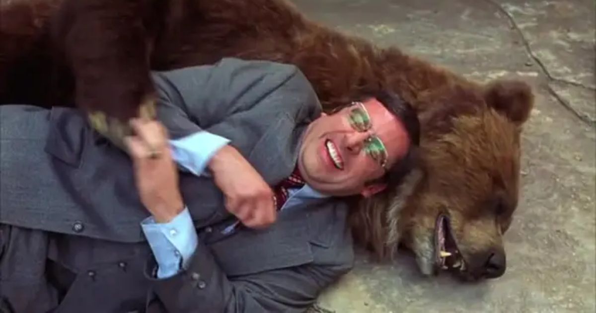 Steve Carell and a bear in Anchorman