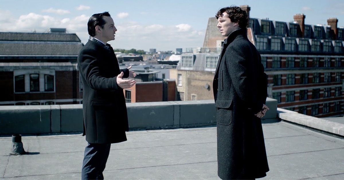 Andrew Scott as Moriarty and Benedict Cumberbatch as Sherlock in a scene from Sherlock